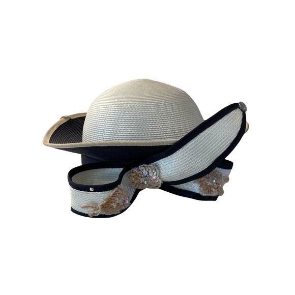 Vintage Alison J. Petites Derby Style Ivory, Navy Straw Hat, Bow, Sequins - Picture 1 of 10